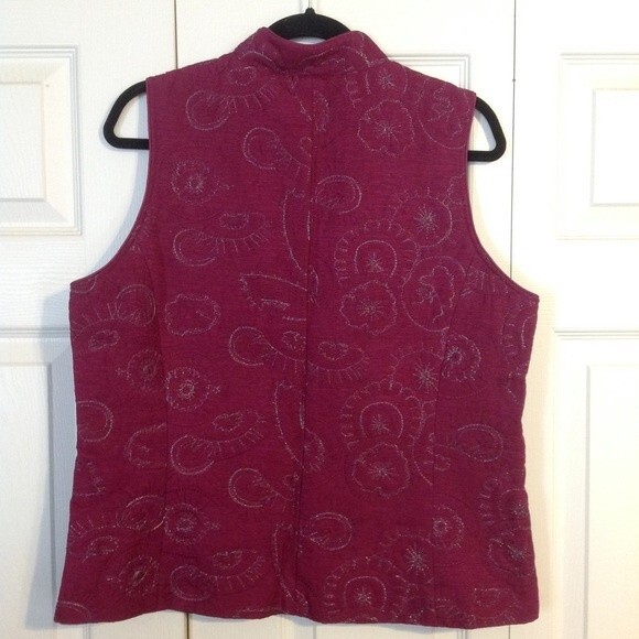 CHRISTOPHER & BANKS Large Magenta Jewel Tone Silver Metallic Thread Silk Zip Up - Picture 7 of 7